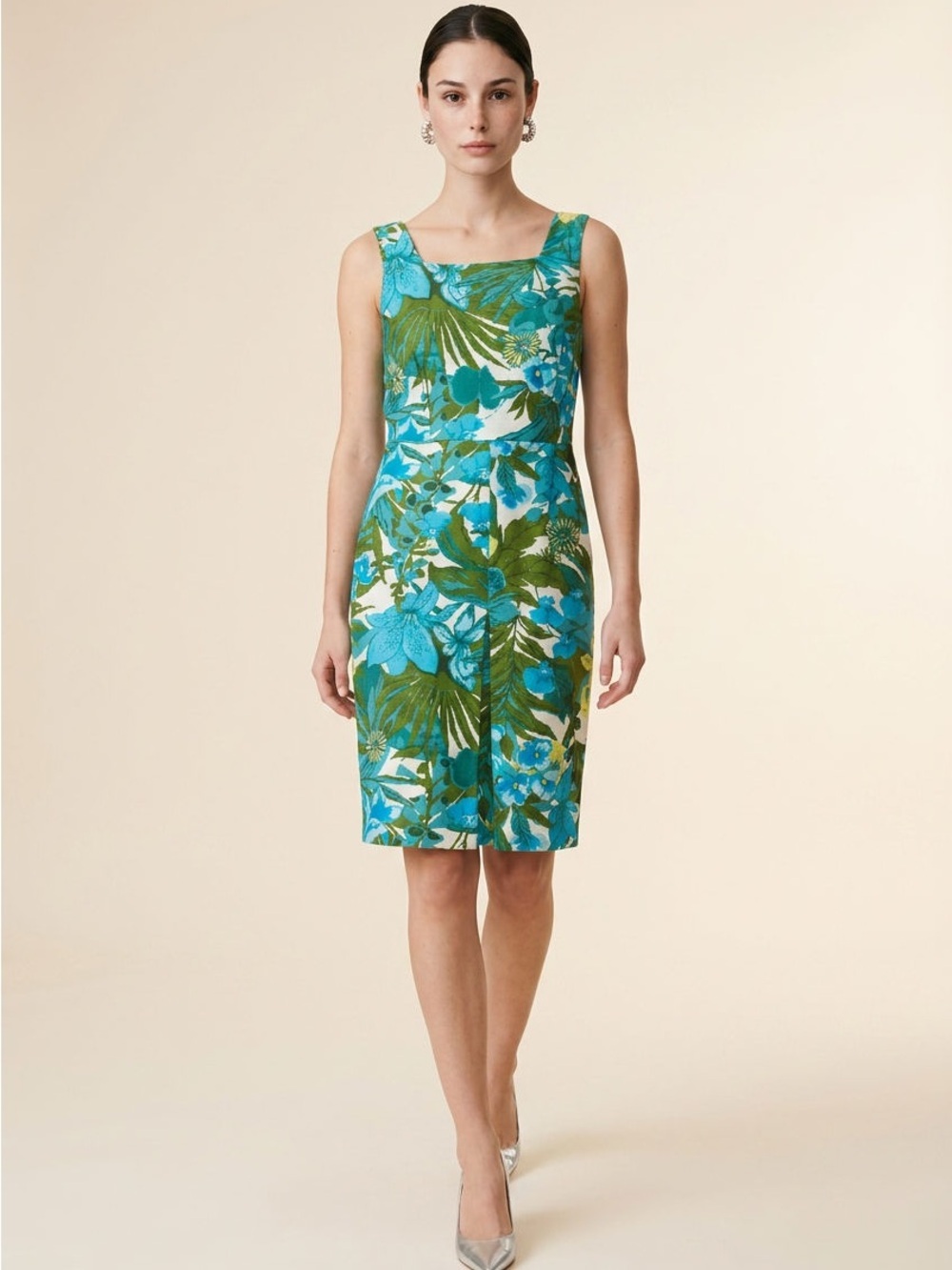 Talbots Sleeveless Tropical Sheath Dress in Teal and Green